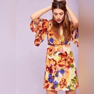 Anthropologie Maeve Jaida 100% Silk Kimono Dress in a watercolor floral motif